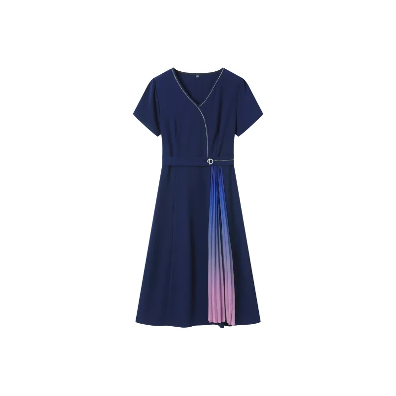 Korean Style Short Sleeved Dress Women's Navy Blue-0