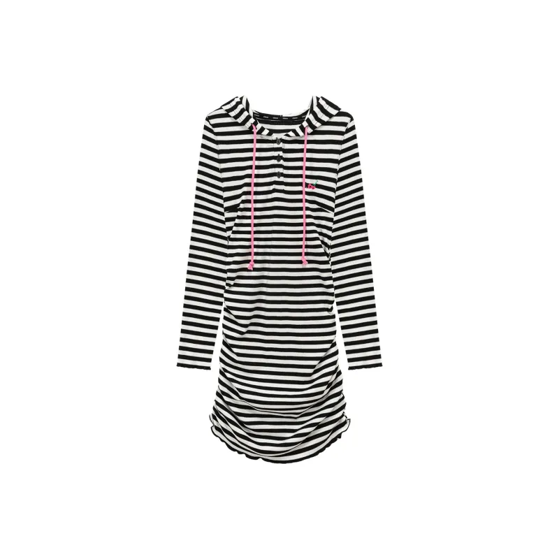 CHUU Long Sleeved Dresses Women's Black White Stripes-0