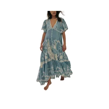 FREE PEOPLE Blue Bonnet Maxi Dress Short-Sleeved Dresses Women's Dusty Blue Combo/Gray Blue Combination