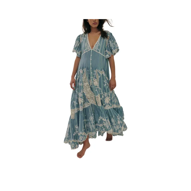FREE PEOPLE Blue Bonnet Maxi Dress Short-Sleeved Dresses Women's Dusty Blue Combo/Gray Blue Combination-0