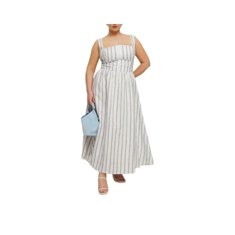 REFORMATION Tagliatelle Linen Dress Es Slip Dresses Women's Gray White Stripes-0