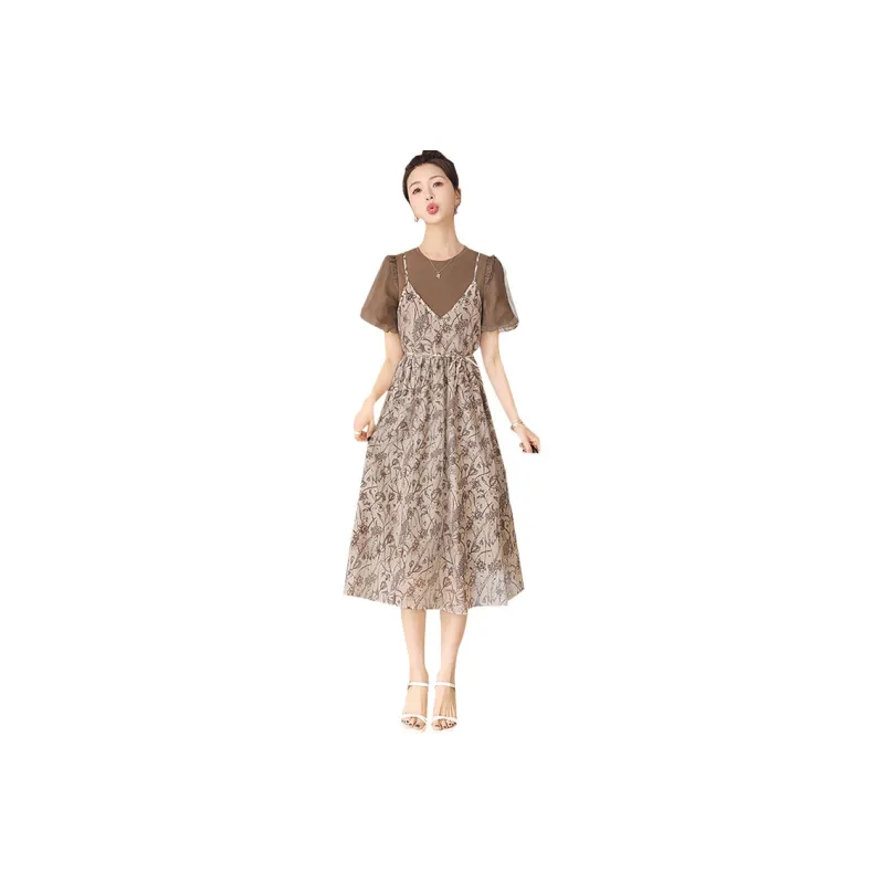 Cypress House Short Sleeved Dress Women's Dark Coffee With Beige And Floral-0