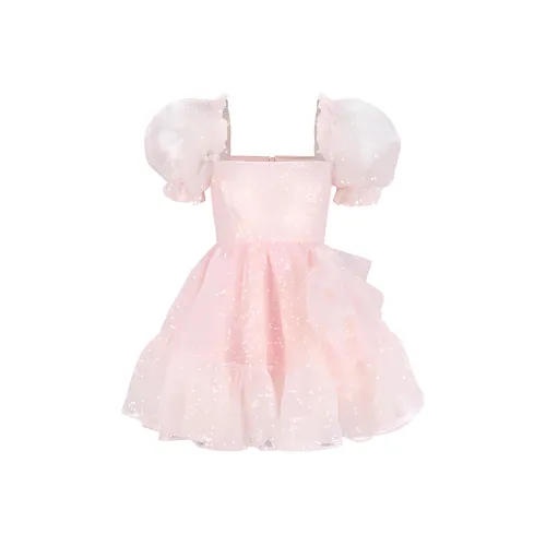 Selkie Collection FW23 Short Sleeved Dress Women's Soft Pink Base With Transparent Beads