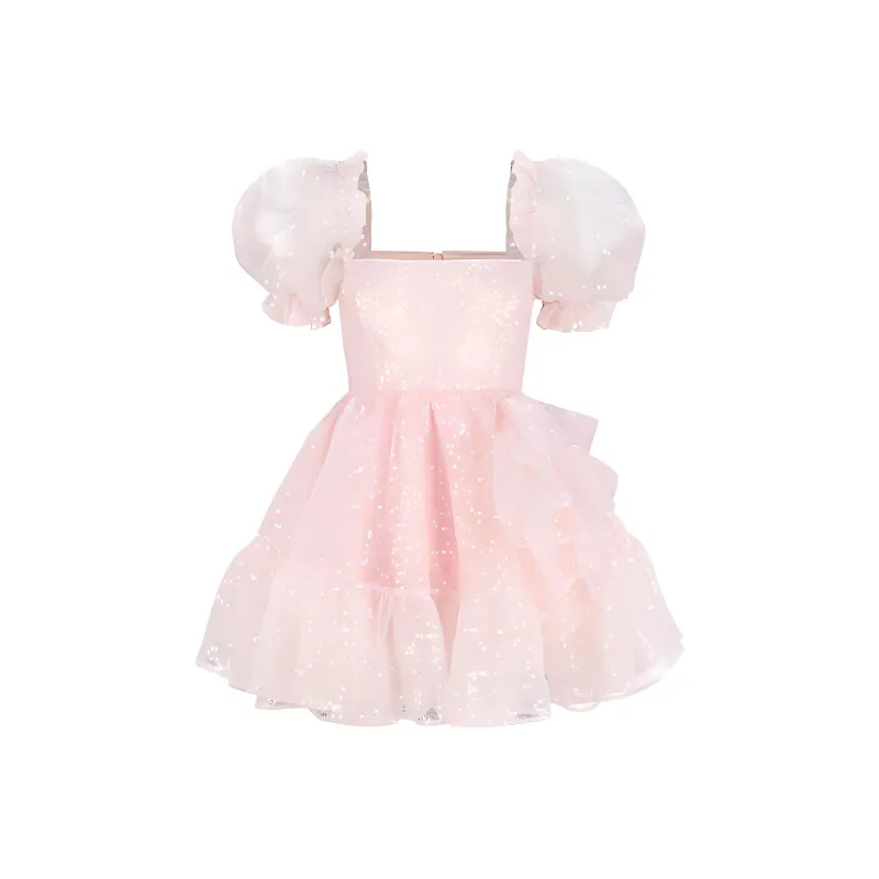 Selkie Collection FW23 Short Sleeved Dress Women's Soft Pink Base With Transparent Beads-0