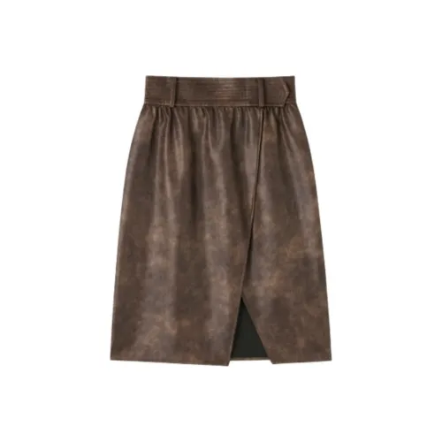 SHUXI Leather Long Skirts Women's Musk Umber