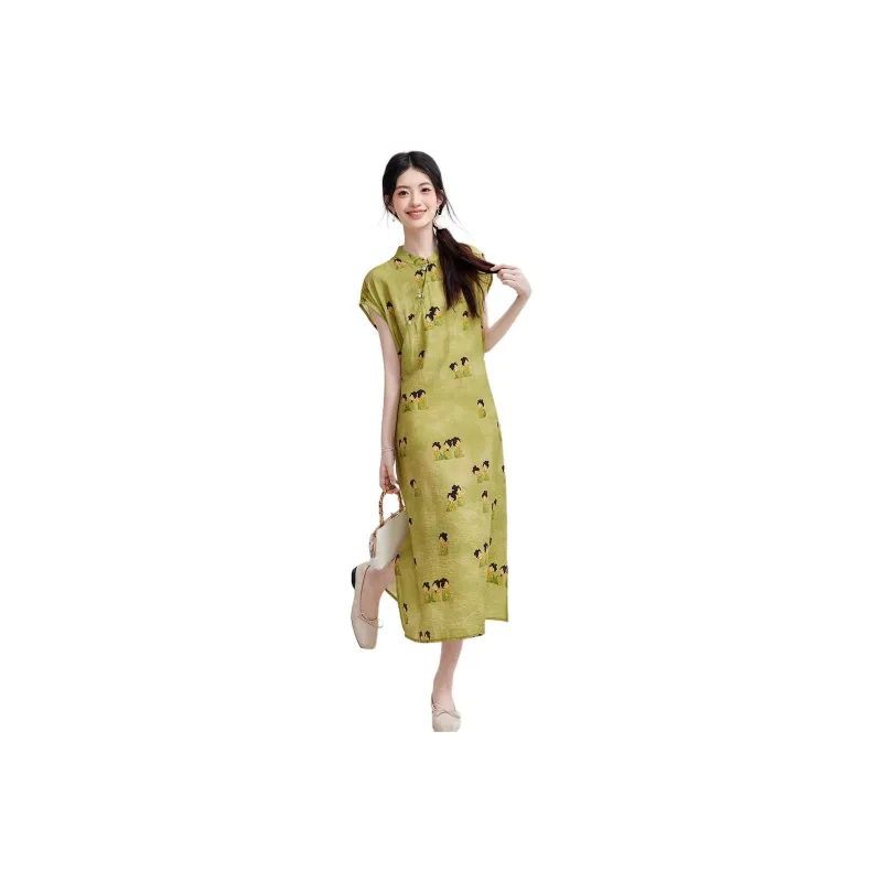 Emodues SS24 Short Sleeved Dress Women's Green Lady Painting-0