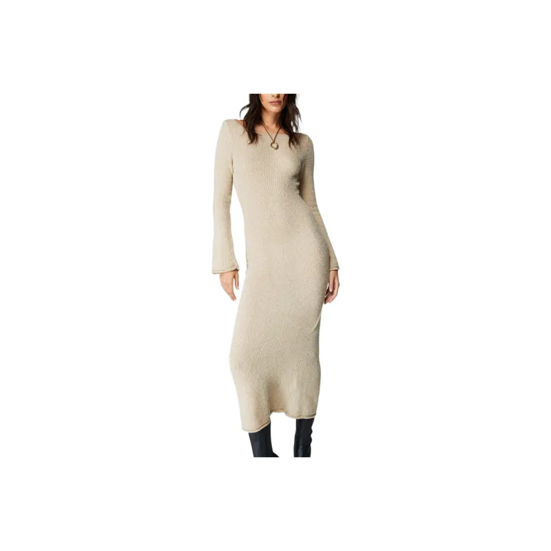 NASTY GAL Boucle Long Sleeve Maxi Dress Long-Sleeved Dresses Women's Stone Color-0