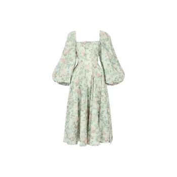 Selkie Collection FW23 Long Sleeved Dress Women's Light Apricot Base With Green Leaf Rose Print
