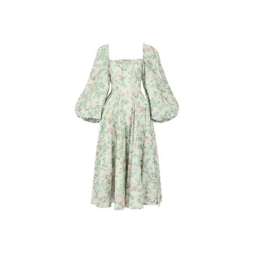Selkie Collection FW23 Long Sleeved Dress Women's Light Apricot Base With Green Leaf Rose Print