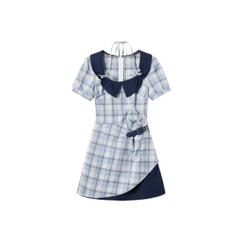 GLEE DIARY Short Sleeved Dress Women's Blue Plaid