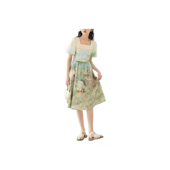 ZIHAN Short Sleeved Dress Women's Vintage Oil Painting