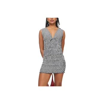 PRINCESS POLLY SOLVING SHIRRED MINI DRESS Sleeveless Dress Women's Black Gingham/Black Check