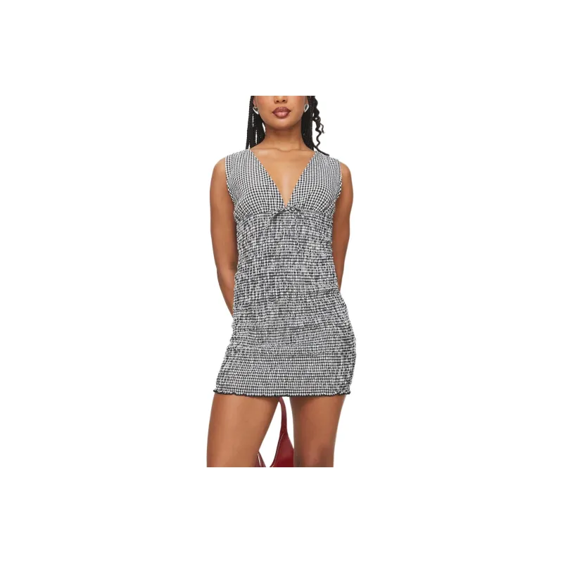 PRINCESS POLLY SOLVING SHIRRED MINI DRESS Sleeveless Dress Women's Black Gingham/Black Check-0