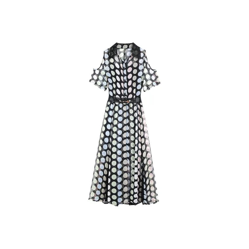 Hang Yi Court Short Sleeved Dress Women's Black With Polka Dot-0