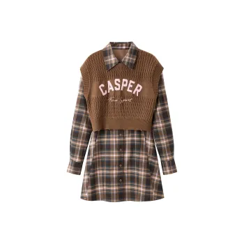 PEACEBIRD x CASPER Long-Sleeved Dresses Women's Brown Plaid