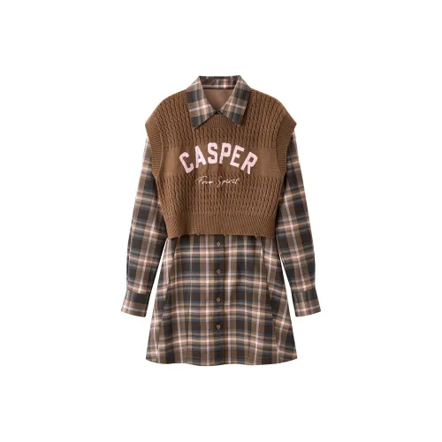 PEACEBIRD x CASPER Long-Sleeved Dresses Women's Brown Plaid
