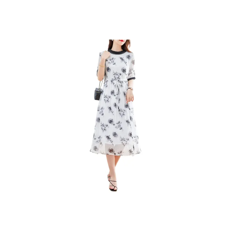 Yi Mengyuan Lace Up Silk Short Sleeved Dress Women's Multicolor-0