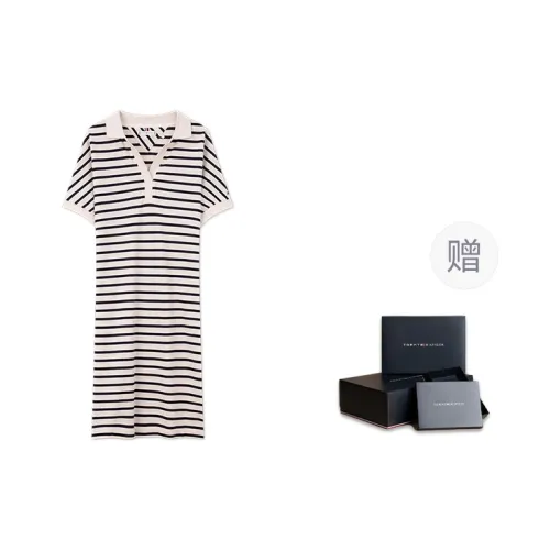 Tommy Hilfiger Short Sleeved Dress Women's Beige With White And Black Stripes