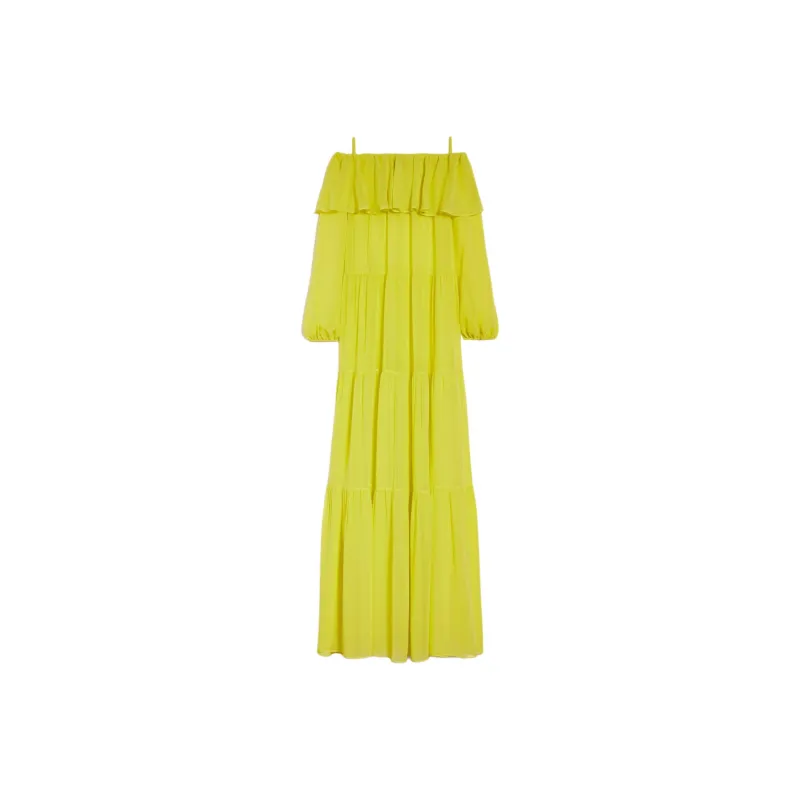 MaxMara Lemma Collection Printed Silk Off The Shoulder Dress Long Sleeved Dress Women's Yellow-0