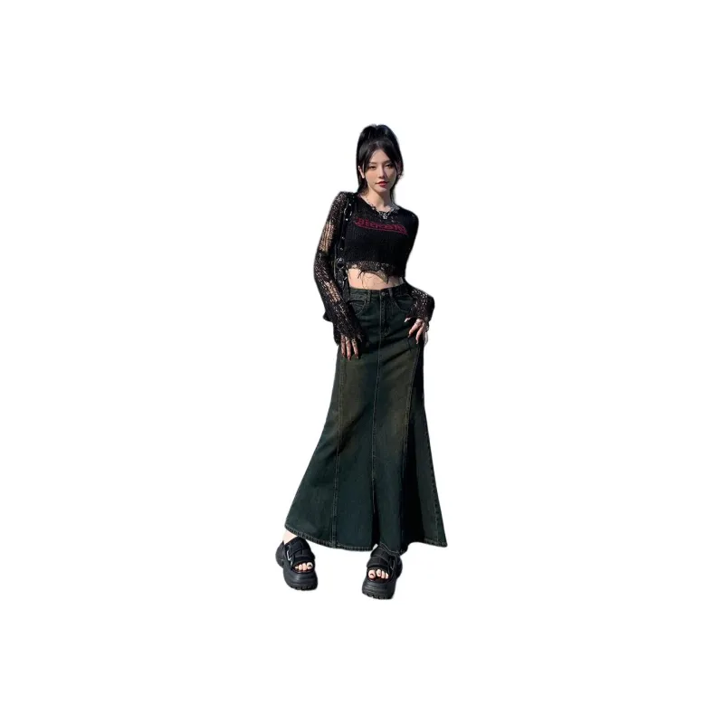 LIGEMAN Denim Long Skirt Women's Nostalgic Blue-0