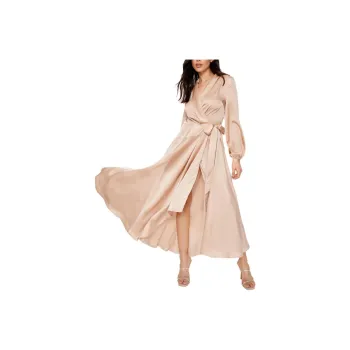 NASTY GAL Satin Long Sleeve Maxi Wrap Dress Long-Sleeved Dresses Women's Rose