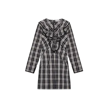 GANNI Checkered Ruffle V Neck Mini Dress