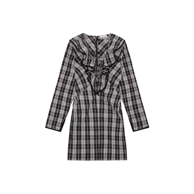 GANNI Checkered Ruffle V-Neck Mini Dress-0