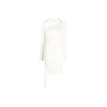 OFF WHITE Asymmetric Ruched Long Sleeved Mini Dress