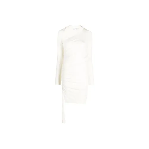 OFF WHITE Asymmetric Ruched Long Sleeved Mini Dress