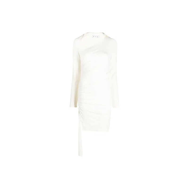 OFF WHITE Asymmetric Ruched Long Sleeved Mini Dress-0