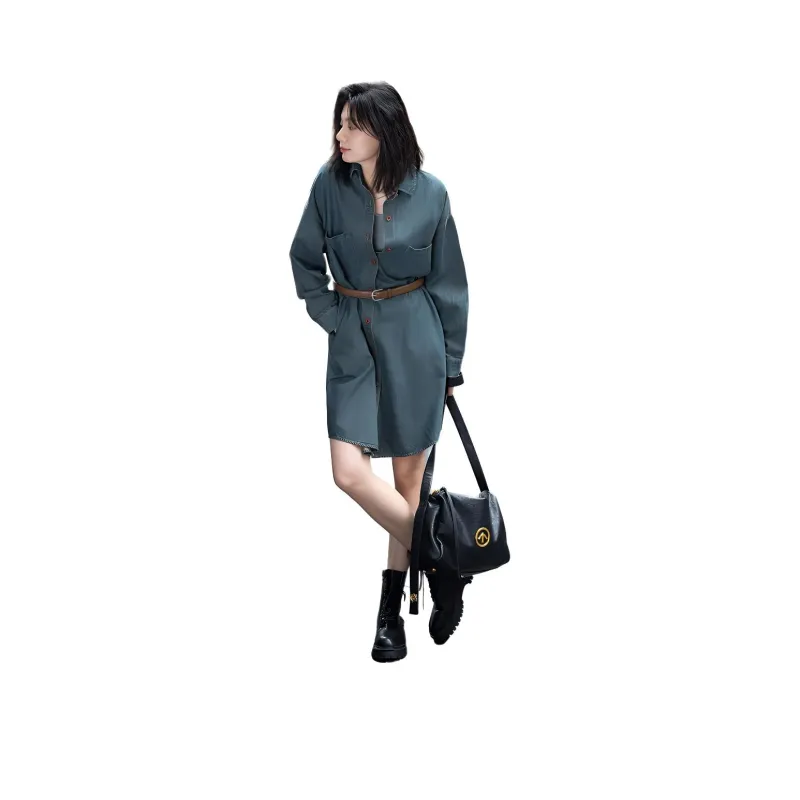 【dme】 Long Sleeved Dress Women's Denim Blue-0