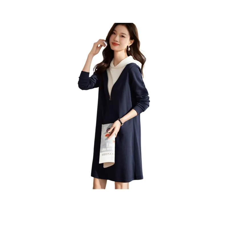 Mo Han Yi Mei Long Sleeved Dress Women's Navy Blue-0