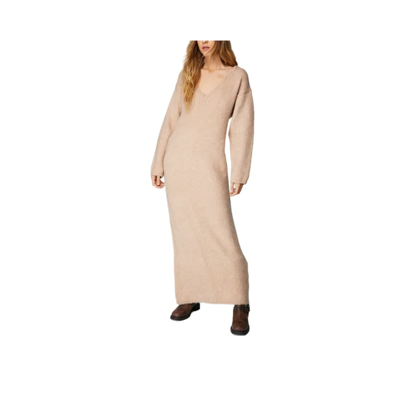 NASTY GAL Brushed Oversized Knitted Maxi Dress Long-Sleeved Dresses Women's Camel-0