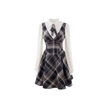 Blovelan Long Sleeved Dress Women's Brown Plaid Pattern