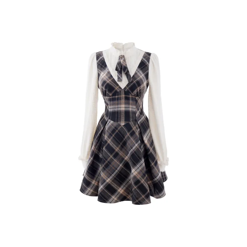 Blovelan Long Sleeved Dress Women's Brown Plaid Pattern-0