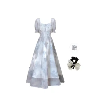 PAVEA Short Sleeved Dress Women's Blue Gray+Hair Tie Comes With
