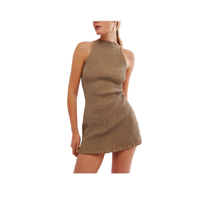 FREE PEOPLE Iyla Smocked Mini Slip Dresses Women's Ground Coriander/Mustard Yellow-0