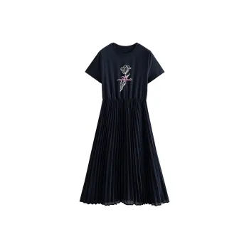 Initial Language Short Sleeved Dresses Women's Black Blue