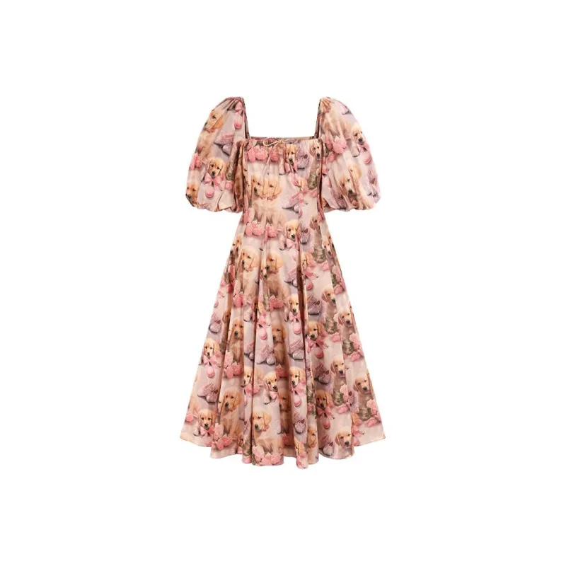 Selkie Collection Short-Sleeved Dresses Women's Cute Puppy Golden Retriever Print-0