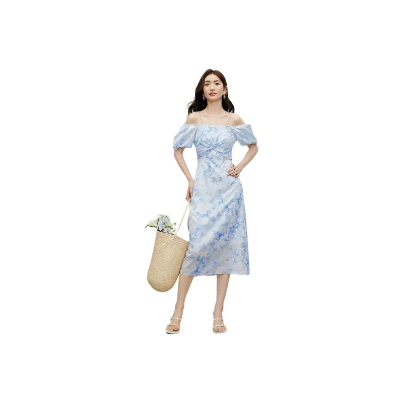 Hopeshow Short-Sleeved Dresses Women's Blue Flower-0