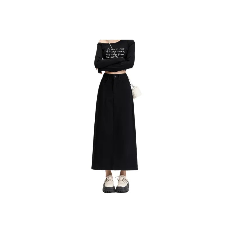 Wen Shan Denim Long Skirt Women's Black-0