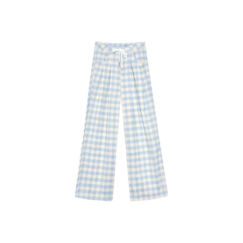 DOKZB Casual Pants Women's Blue Plaid-0