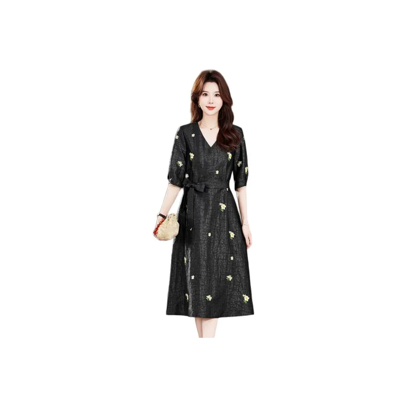 Yi Mengyuan Silk Short Sleeved Dress Women's Black-0
