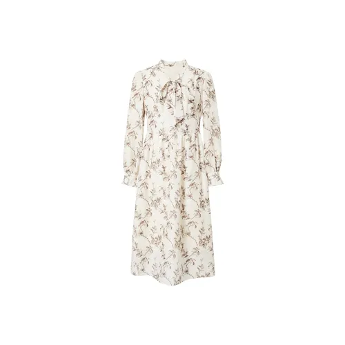 Hopeshow Long-Sleeved Dresses Women's Beige Base With Flowers