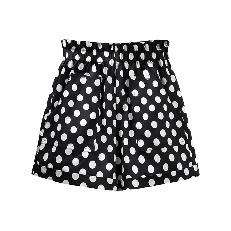 Cypress House Casual Shorts Women's Black Background With White Polka Dots-0