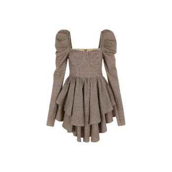 Selkie Collection FW24 Long Sleeved Dresses Women's Brown Base With Dogtooth Plaid Print