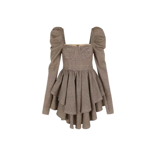 Selkie Collection FW24 Long Sleeved Dresses Women's Brown Base With Dogtooth Plaid Print
