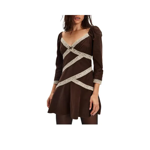 FREE PEOPLE Tennley Corduroy Mini Dress Long-Sleeved Dresses Women's Chocolate Torte Combo/Chocolate Egg Color