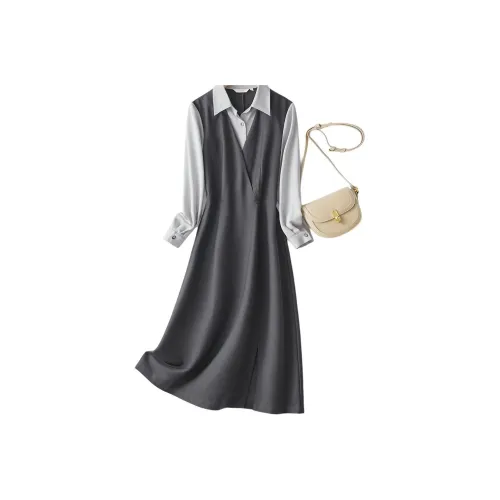 IHIMI Long Sleeved Dress Women's Cloud Horizon Gray+Smoke Gray