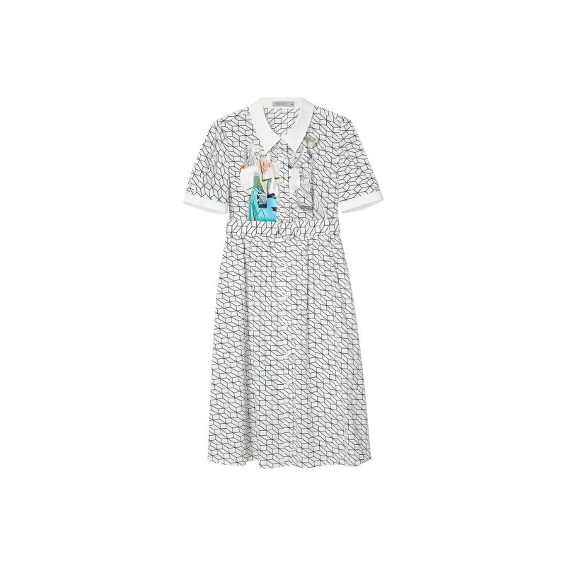 XIRAN Short Sleeved Dress Women's White Base With Black Plaid-0